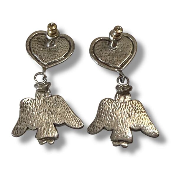 925 Silver Angel Heart Earrings Women’s Dangle Drop 3D Posts Solid Gift READ - Picture 2 of 5